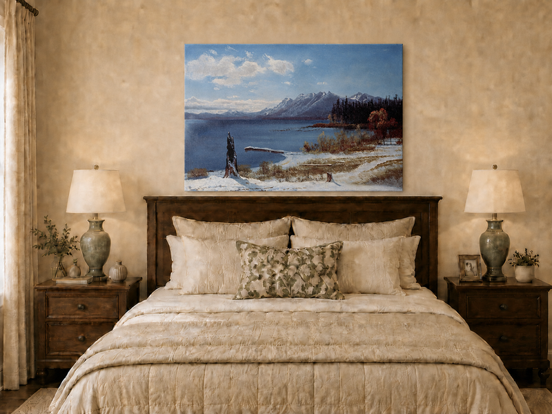 Landscape Oil Painting - Hand-Painted Snowy Lake Mountain View