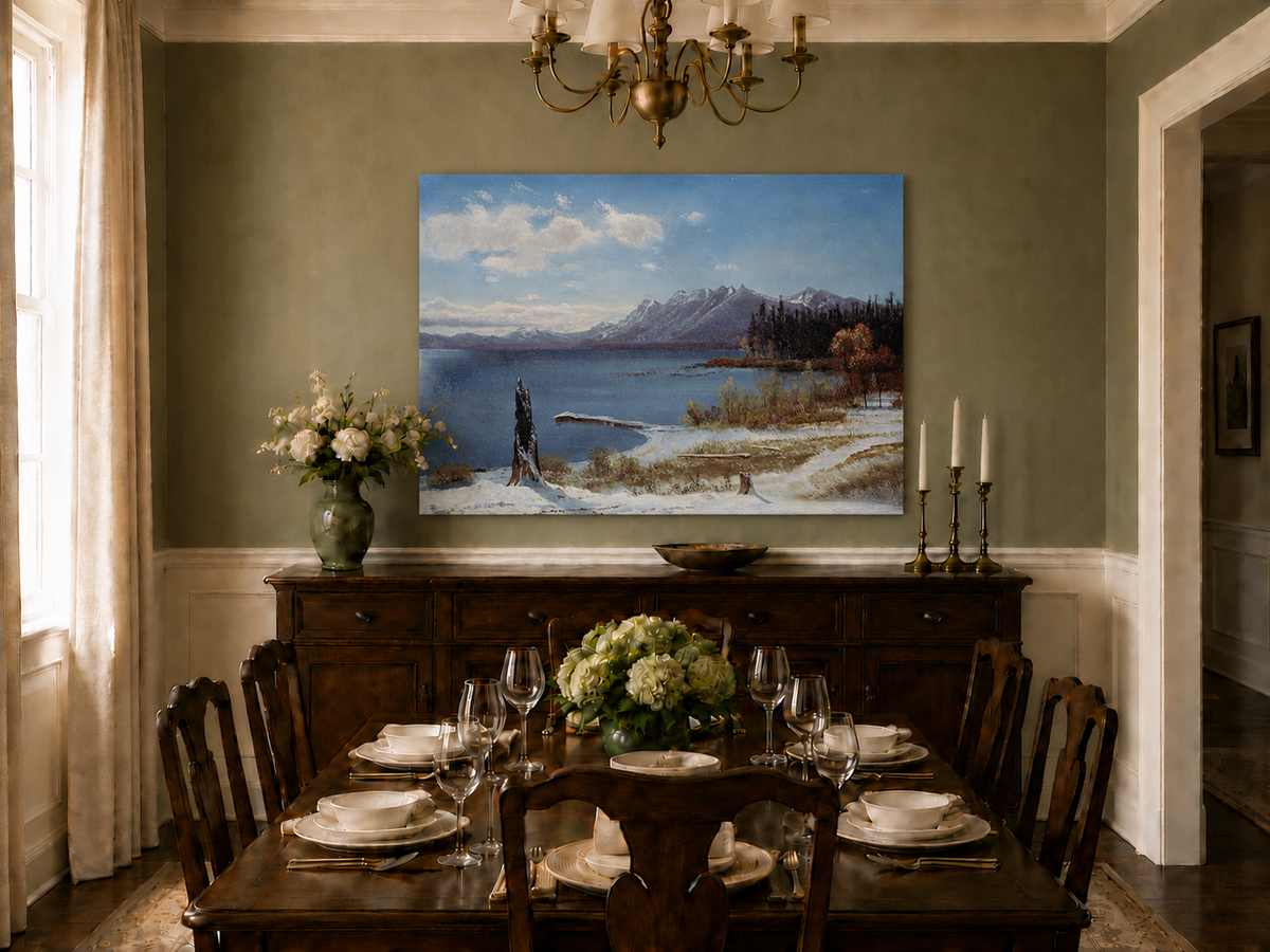 Landscape Oil Painting - Hand-Painted Snowy Lake Mountain View