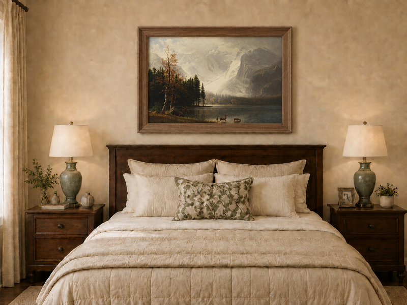 Peinture à l'huile de paysage - Lac de montagne, troupeau de cerfs et arbres d'automne