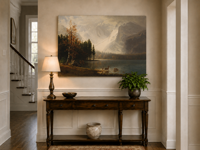 Peinture à l'huile de paysage - Lac de montagne, troupeau de cerfs et arbres d'automne