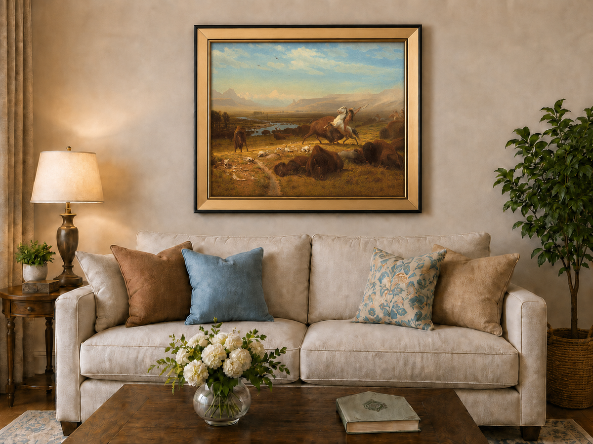 Peinture à l'huile de paysage - Chasse au bison - Décoration murale