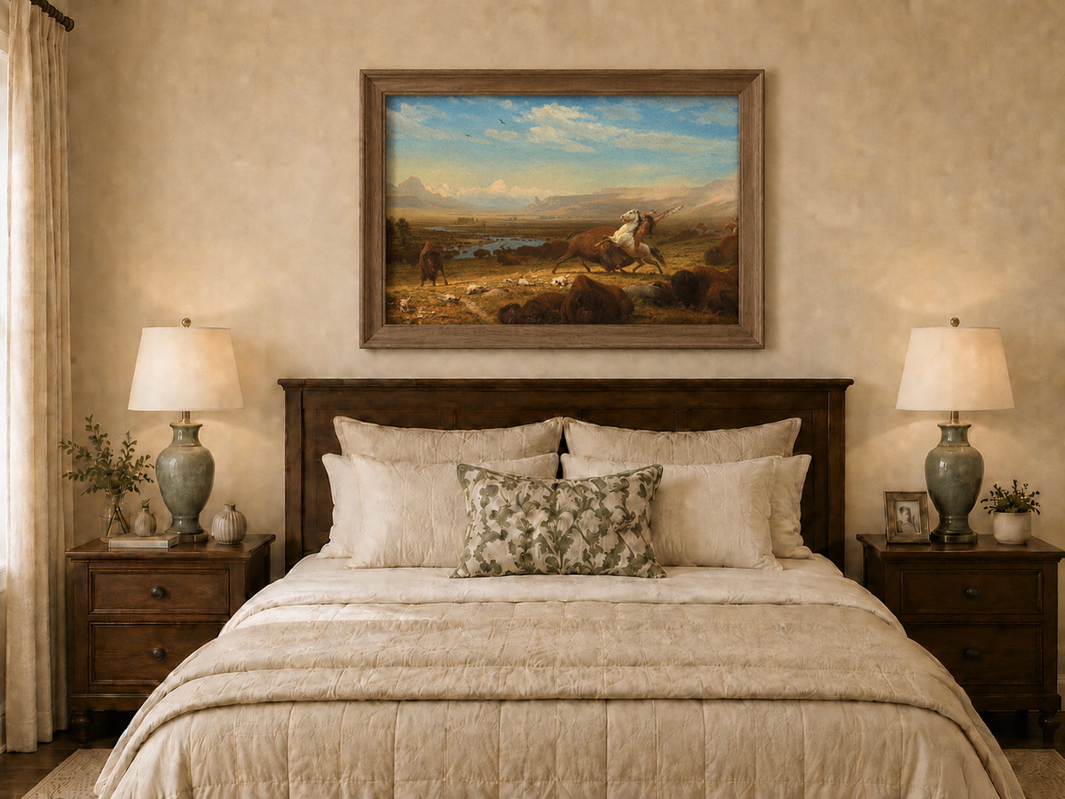 Peinture à l'huile de paysage - Chasse au bison - Décoration murale