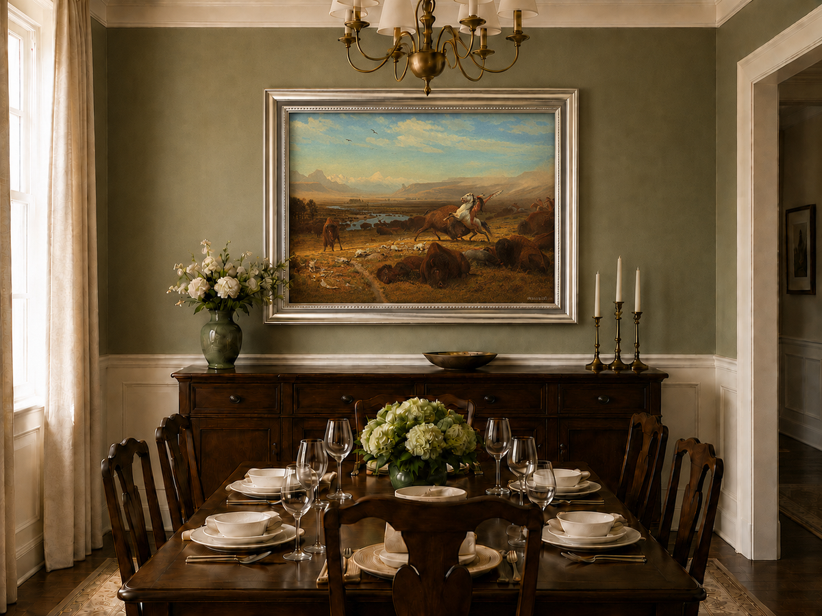 Peinture à l'huile de paysage - Chasse au bison - Décoration murale