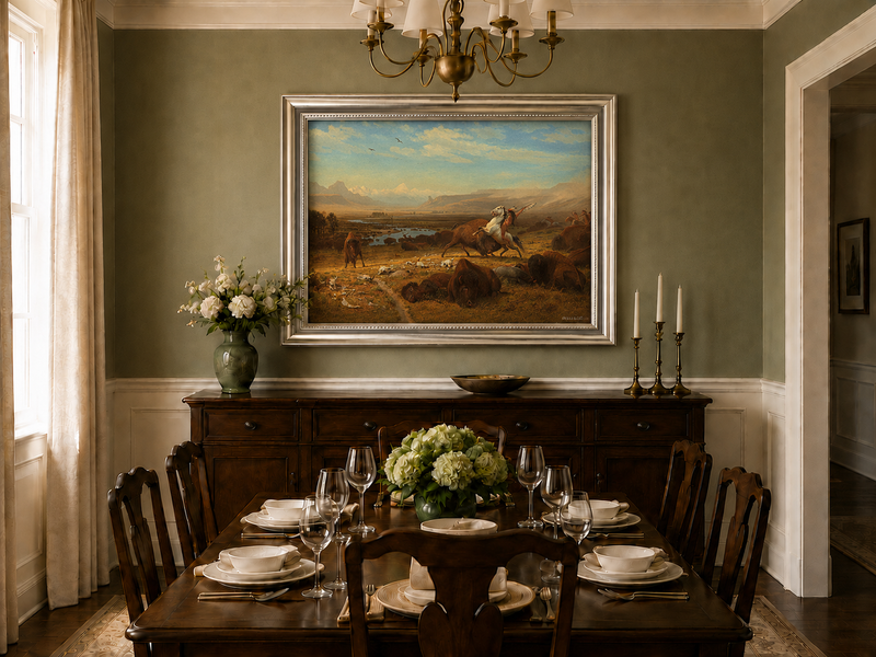 Peinture à l'huile de paysage - Chasse au bison - Décoration murale
