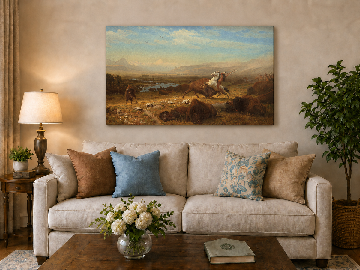 Peinture à l'huile de paysage - Chasse au bison - Décoration murale