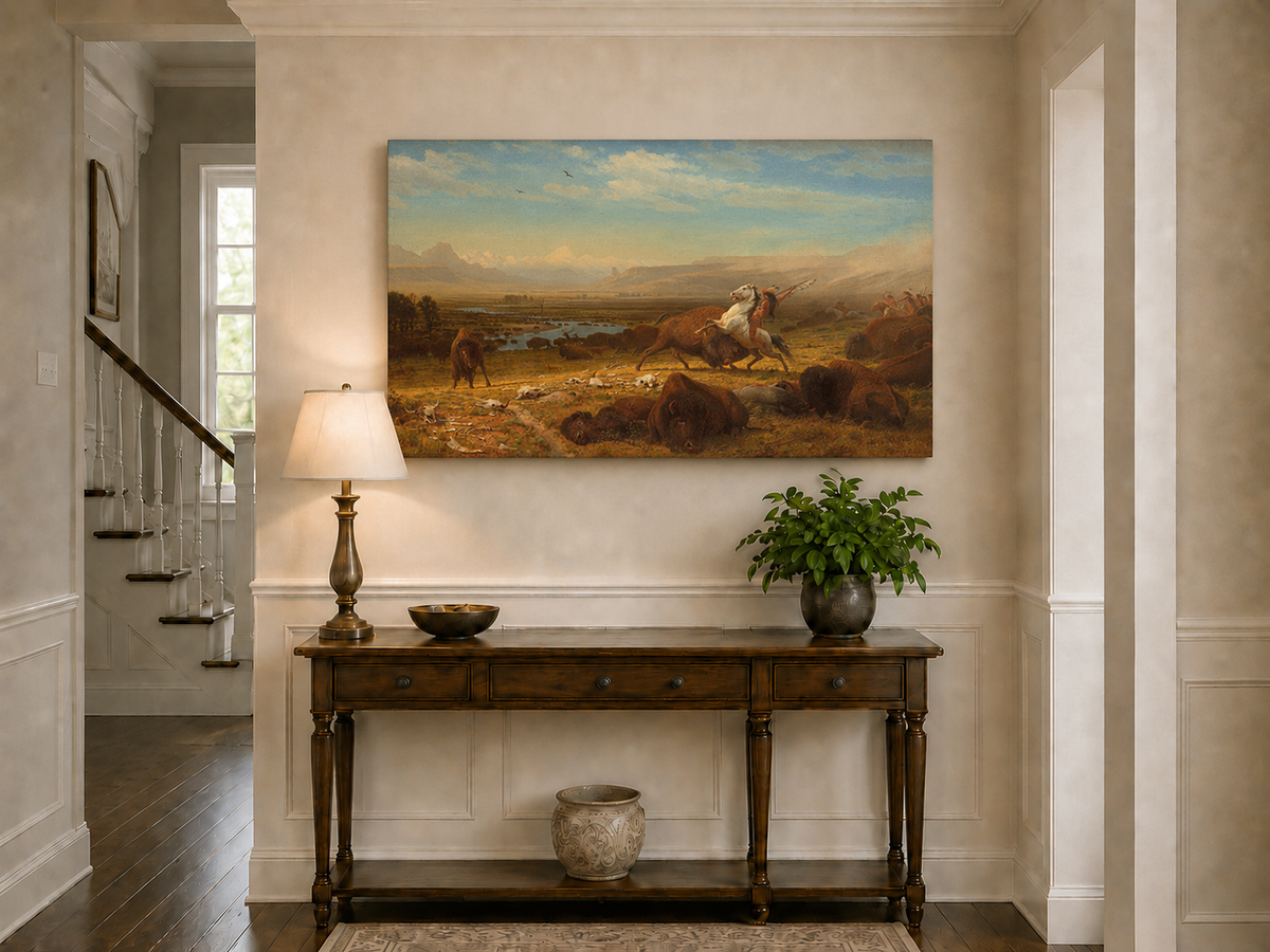 Peinture à l'huile de paysage - Chasse au bison - Décoration murale