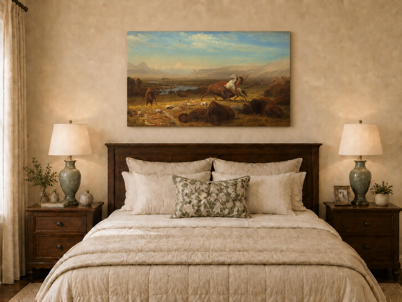 Peinture à l'huile de paysage - Chasse au bison - Décoration murale