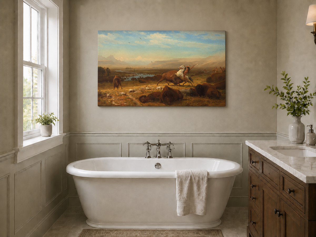Peinture à l'huile de paysage - Chasse au bison - Décoration murale
