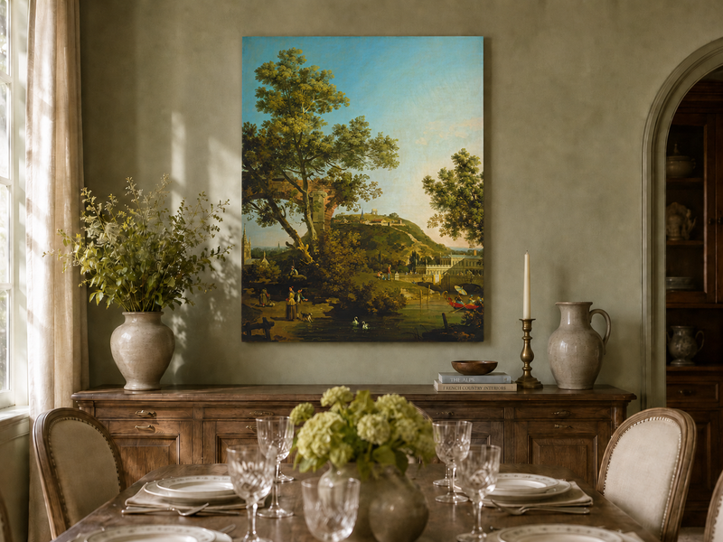 Landscape Oil Painting - Classical Garden Bridge and Hill