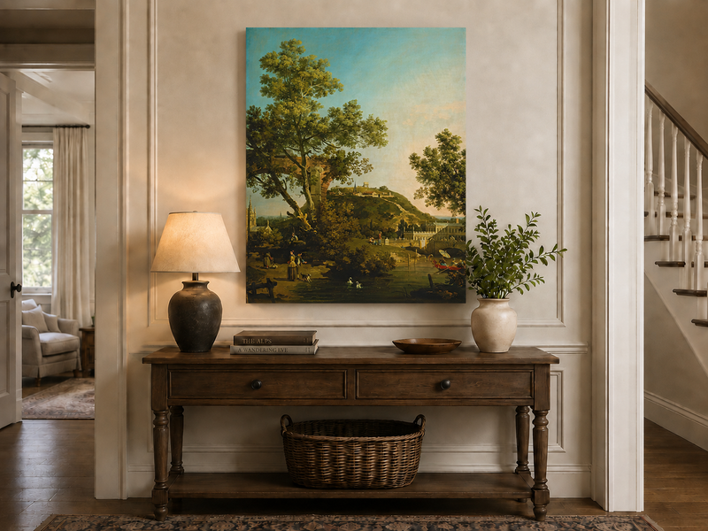 Landscape Oil Painting - Classical Garden Bridge and Hill
