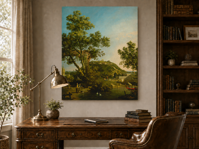 Landscape Oil Painting - Classical Garden Bridge and Hill