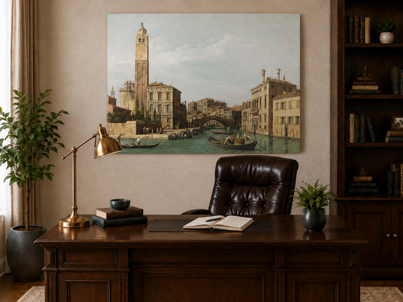 Landscape Oil Painting - Venice Canal with Gondolas and Bridge