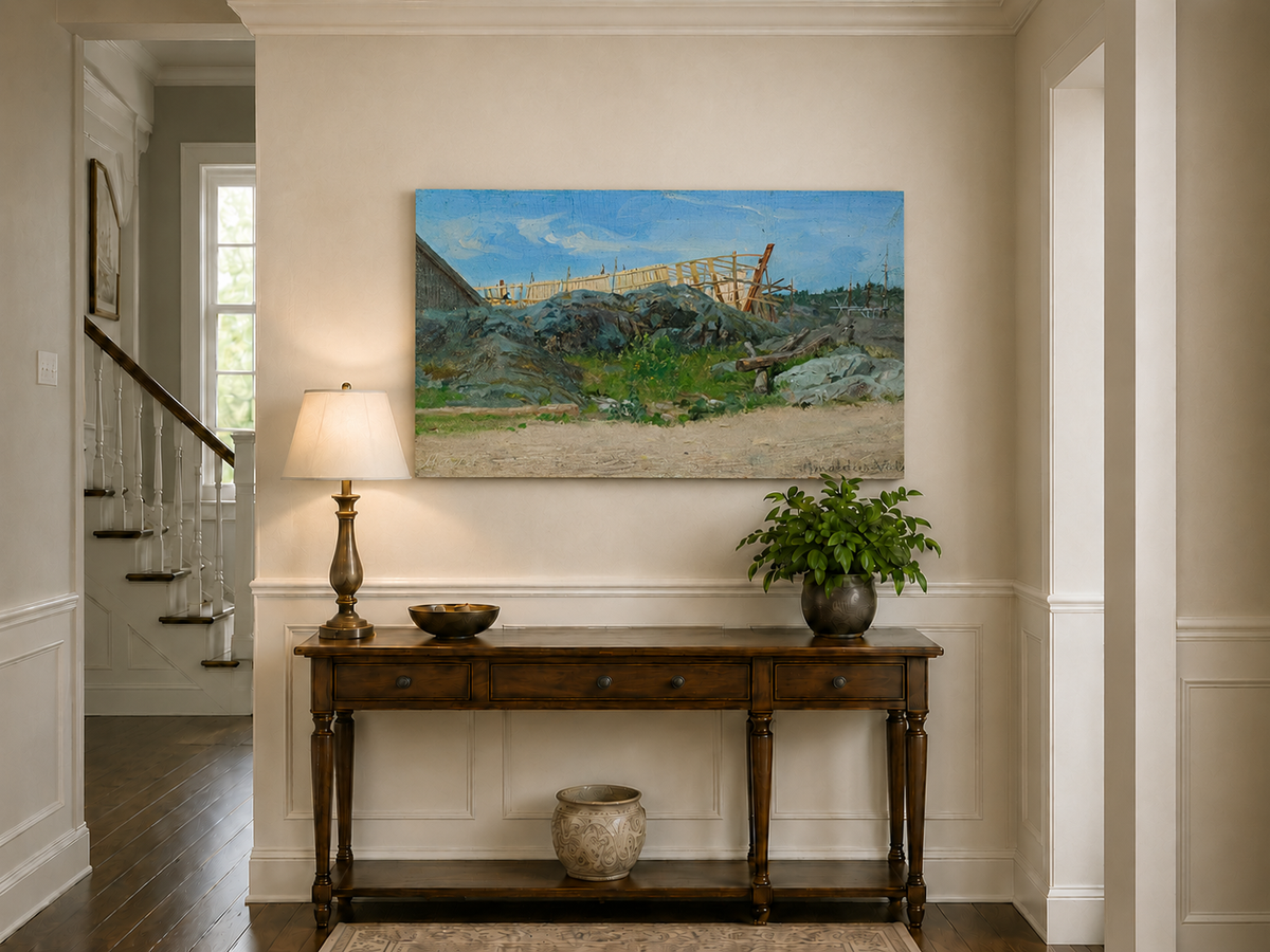 Peinture à l'huile de paysage - Scène de rivière hivernale avec personnages et chevaux