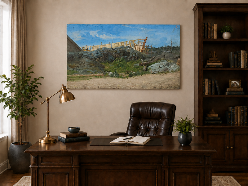 Peinture à l'huile de paysage - Scène de rivière hivernale avec personnages et chevaux
