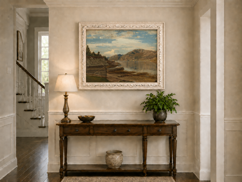 Landscape Oil Painting - Mountain Lake Shore Rustic Boathouse