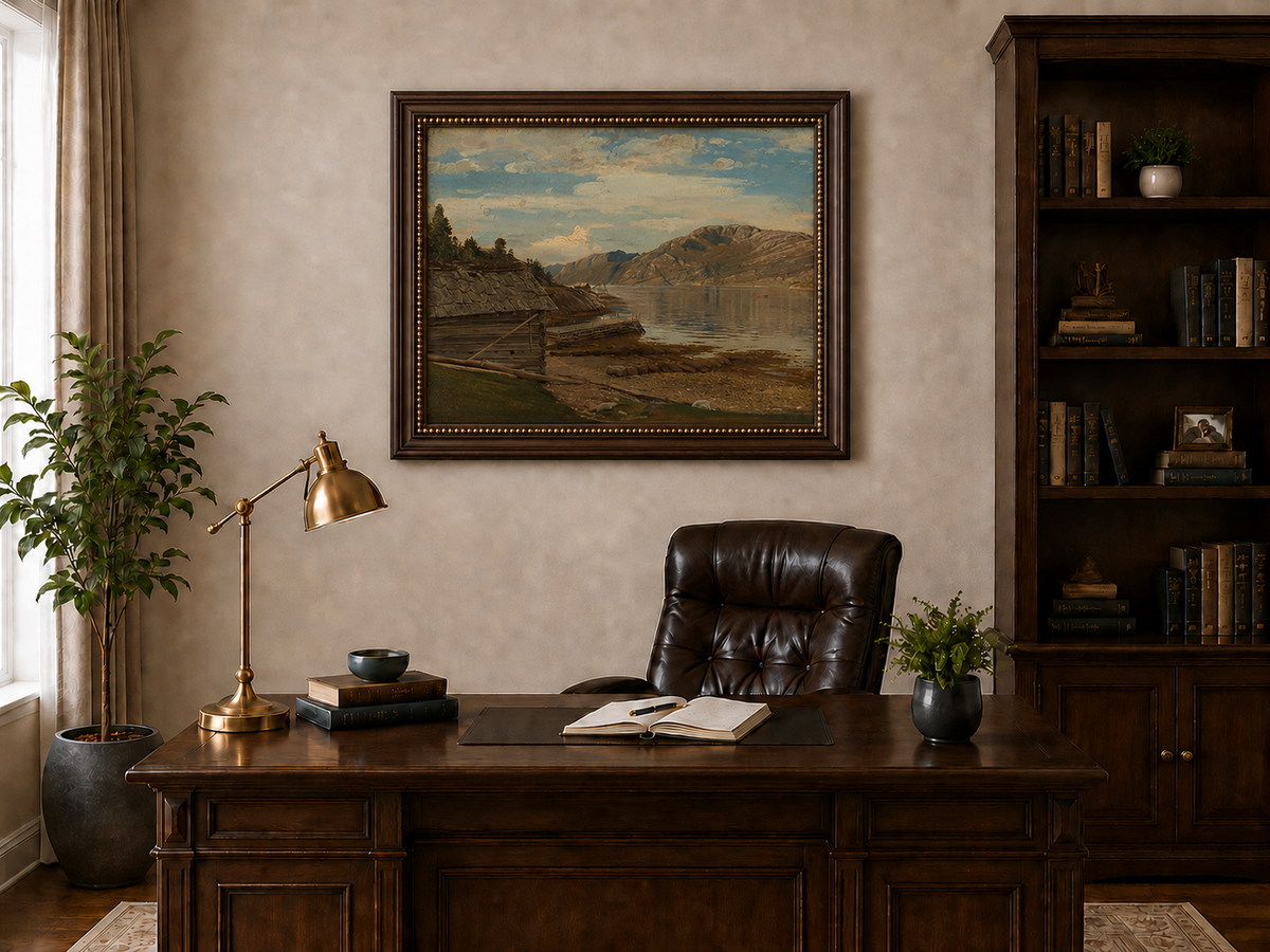 Landscape Oil Painting - Mountain Lake Shore Rustic Boathouse