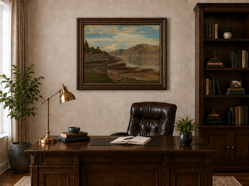Landscape Oil Painting - Mountain Lake Shore Rustic Boathouse