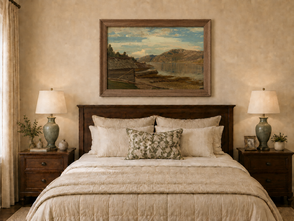 Landscape Oil Painting - Mountain Lake Shore Rustic Boathouse
