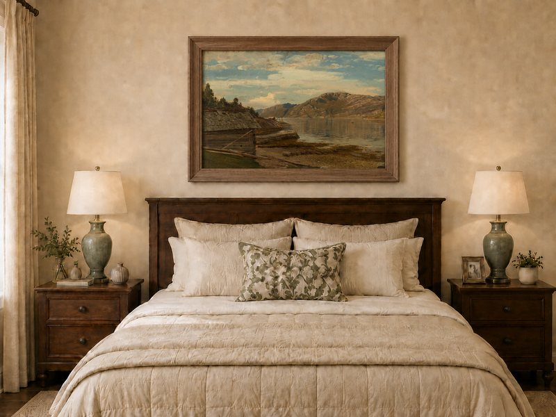 Landscape Oil Painting - Mountain Lake Shore Rustic Boathouse