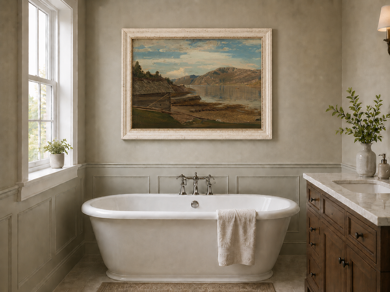 Landscape Oil Painting - Mountain Lake Shore Rustic Boathouse