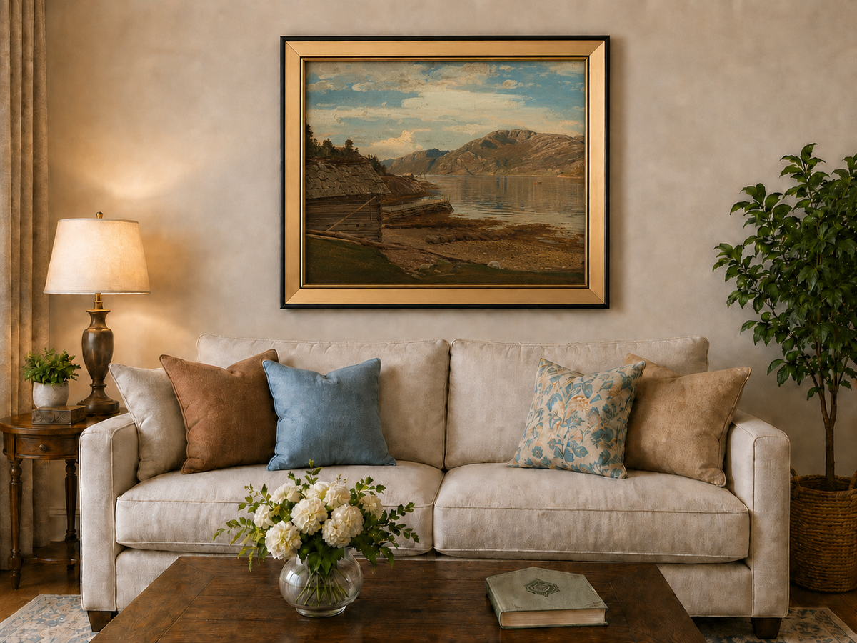 Landscape Oil Painting - Mountain Lake Shore Rustic Boathouse