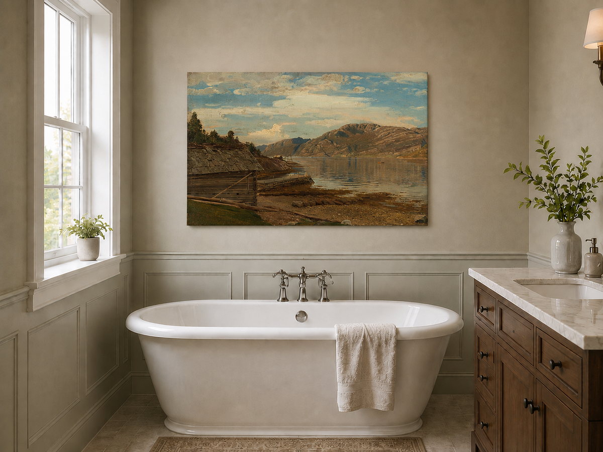 Landscape Oil Painting - Mountain Lake Shore Rustic Boathouse