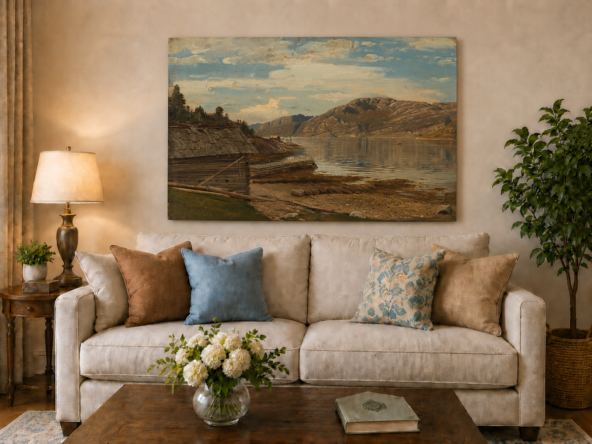 Landscape Oil Painting - Mountain Lake Shore Rustic Boathouse