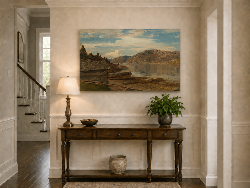 Landscape Oil Painting - Mountain Lake Shore Rustic Boathouse