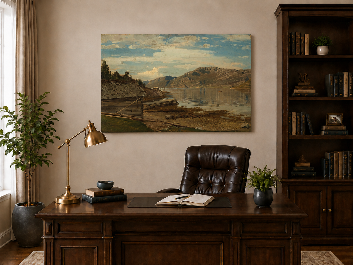 Landscape Oil Painting - Mountain Lake Shore Rustic Boathouse