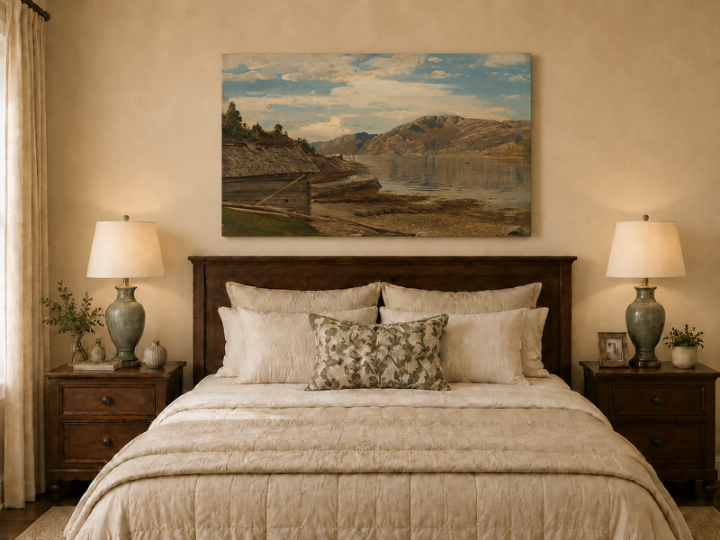 Landscape Oil Painting - Mountain Lake Shore Rustic Boathouse