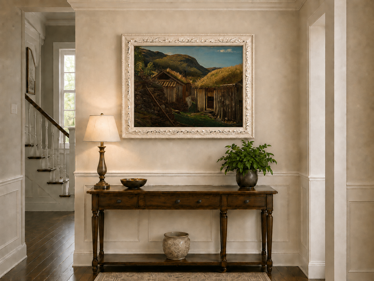 Landscape Oil Painting - Rustic Mountain Cabins with Grass Roofs