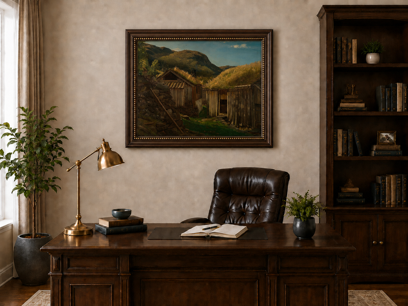 Landscape Oil Painting - Rustic Mountain Cabins with Grass Roofs