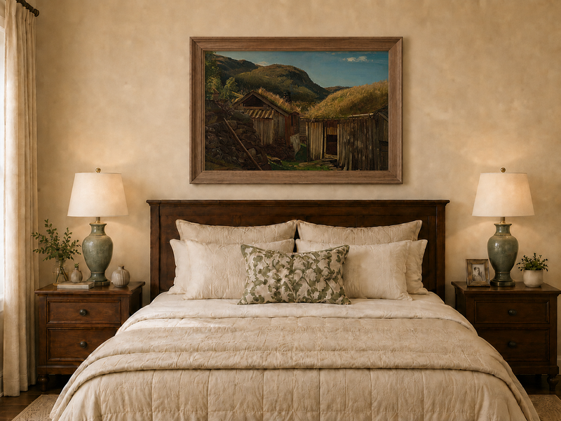Landscape Oil Painting - Rustic Mountain Cabins with Grass Roofs