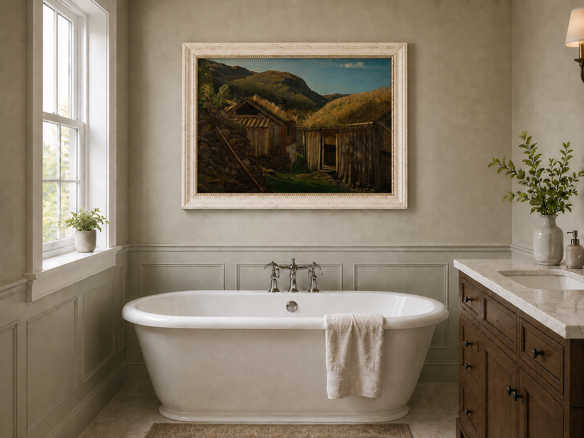 Landscape Oil Painting - Rustic Mountain Cabins with Grass Roofs