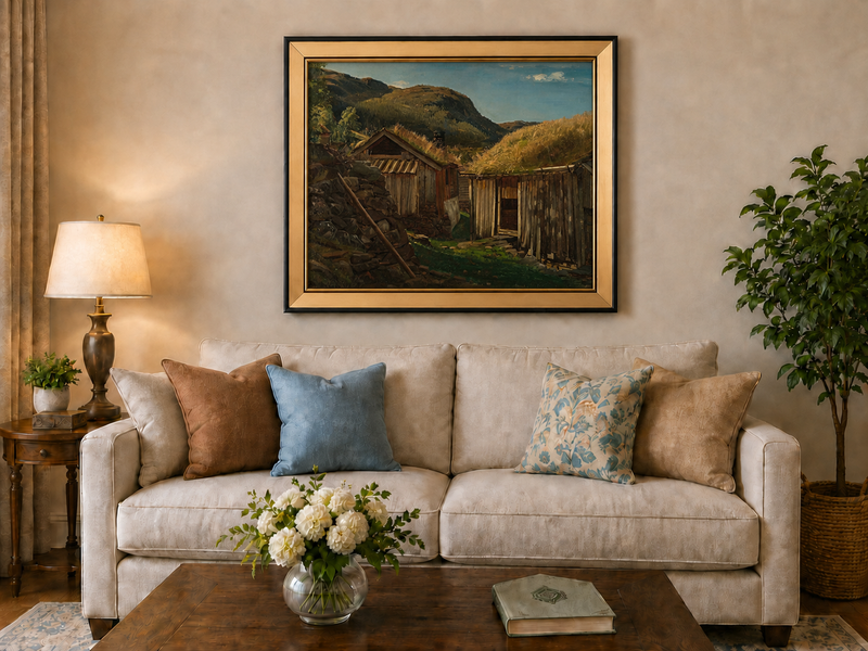 Landscape Oil Painting - Rustic Mountain Cabins with Grass Roofs