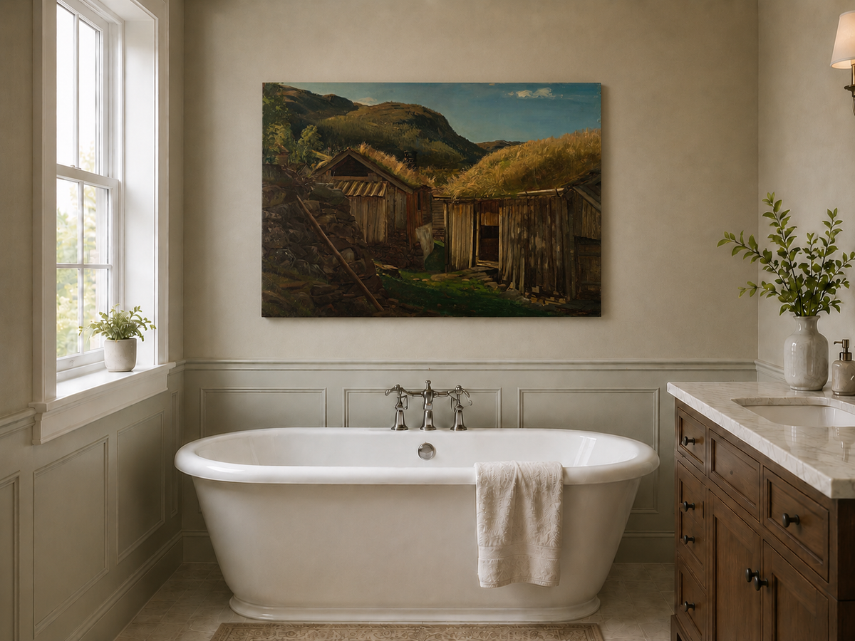 Landscape Oil Painting - Rustic Mountain Cabins with Grass Roofs