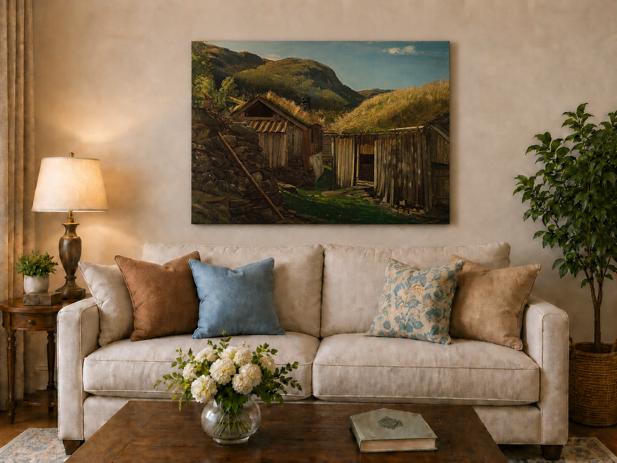 Landscape Oil Painting - Rustic Mountain Cabins with Grass Roofs