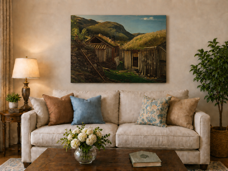 Landscape Oil Painting - Rustic Mountain Cabins with Grass Roofs
