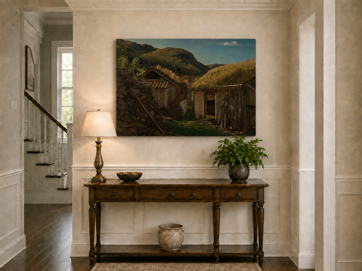 Landscape Oil Painting - Rustic Mountain Cabins with Grass Roofs