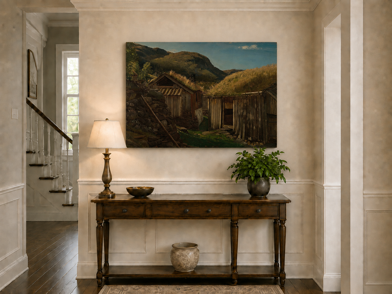 Landscape Oil Painting - Rustic Mountain Cabins with Grass Roofs