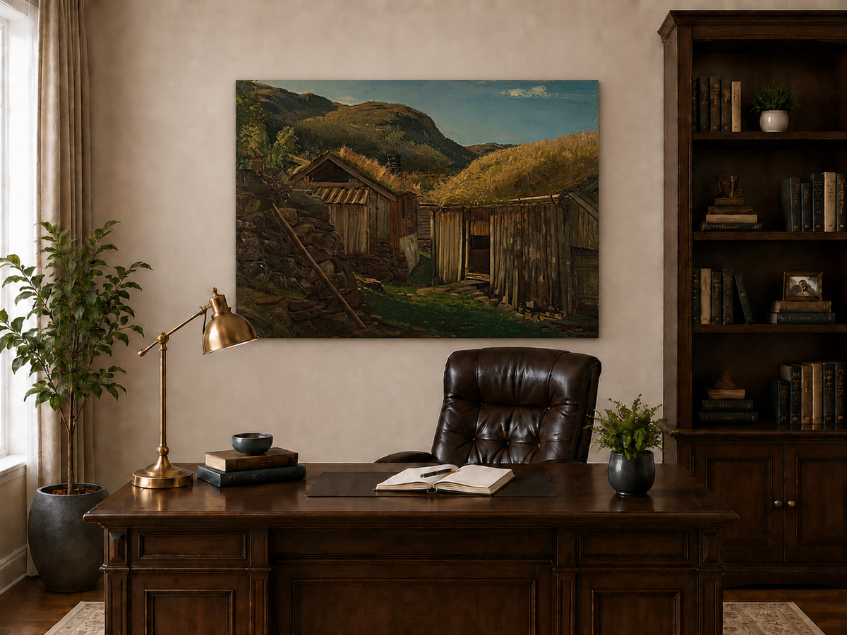 Landscape Oil Painting - Rustic Mountain Cabins with Grass Roofs