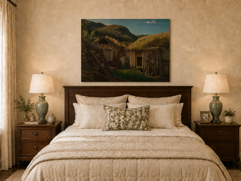 Landscape Oil Painting - Rustic Mountain Cabins with Grass Roofs