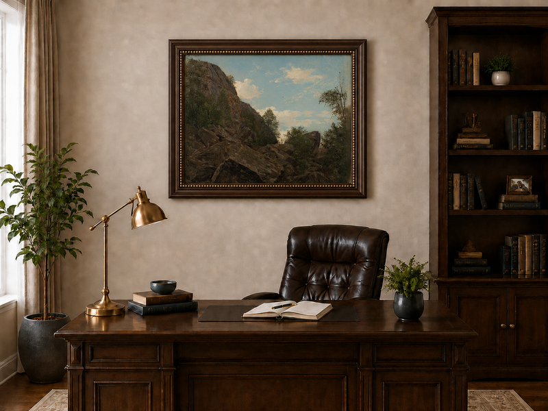 Landscape Oil Painting - Rocky Mountain Cliff and Forest Trees