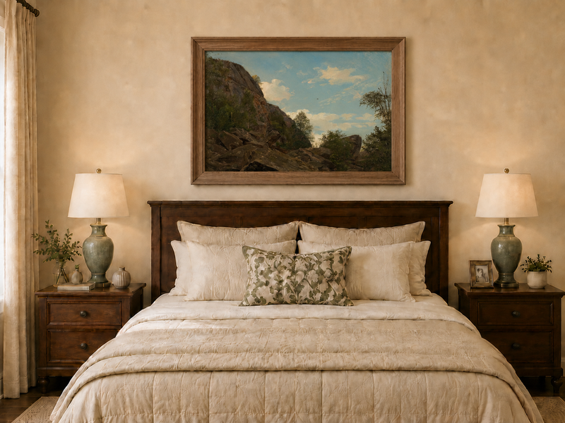 Landscape Oil Painting - Rocky Mountain Cliff and Forest Trees