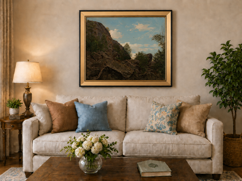 Landscape Oil Painting - Rocky Mountain Cliff and Forest Trees