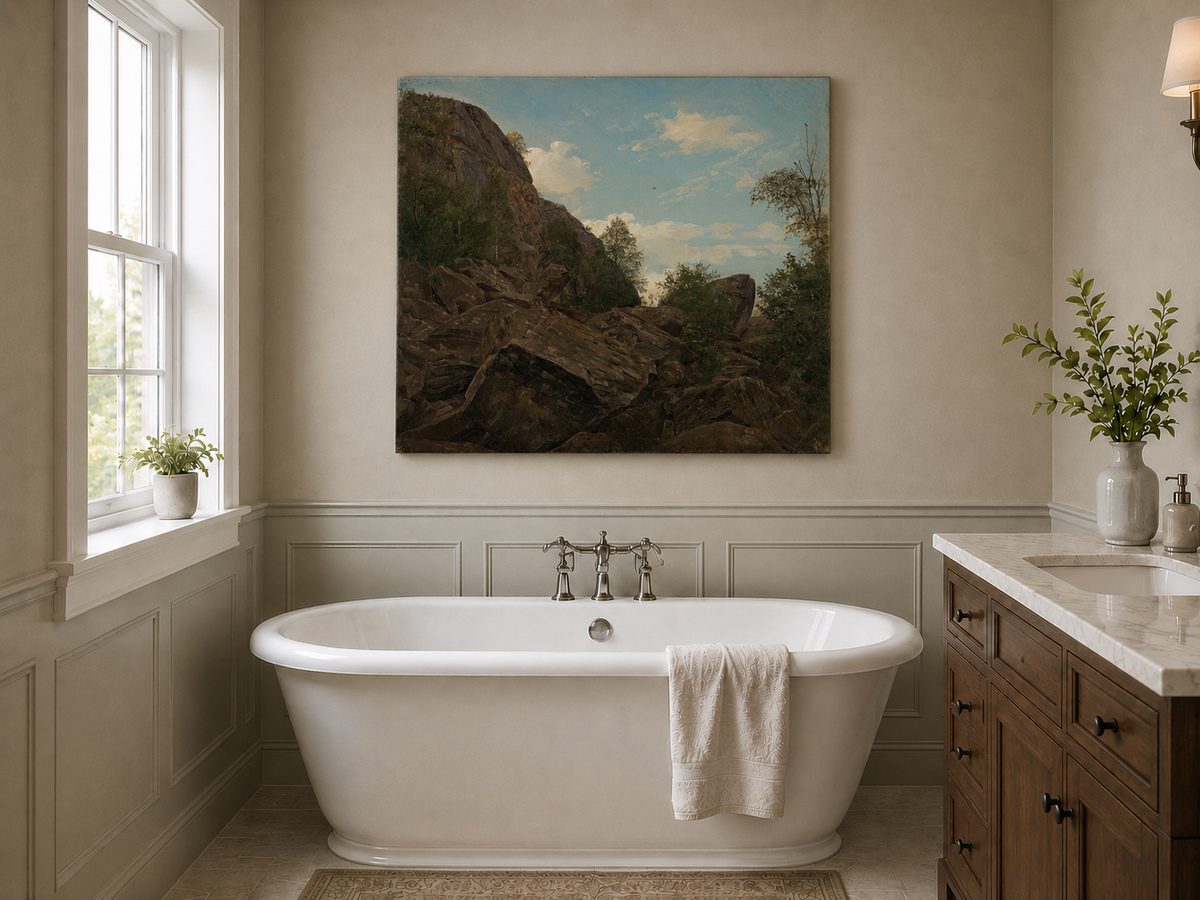 Landscape Oil Painting - Rocky Mountain Cliff and Forest Trees