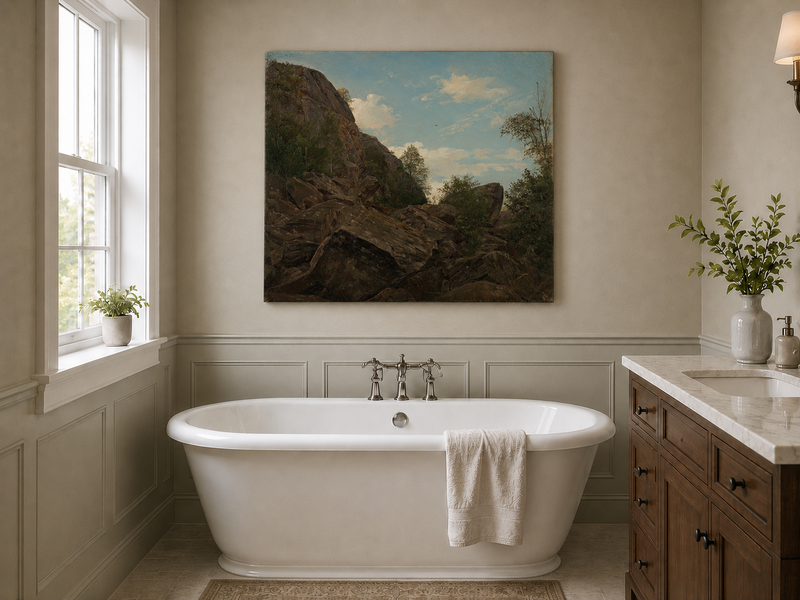 Landscape Oil Painting - Rocky Mountain Cliff and Forest Trees