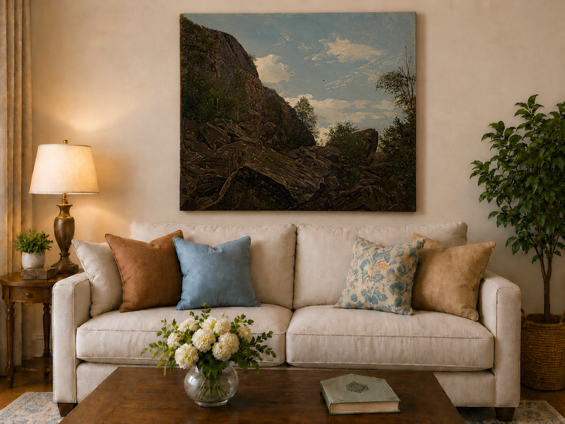 Landscape Oil Painting - Rocky Mountain Cliff and Forest Trees