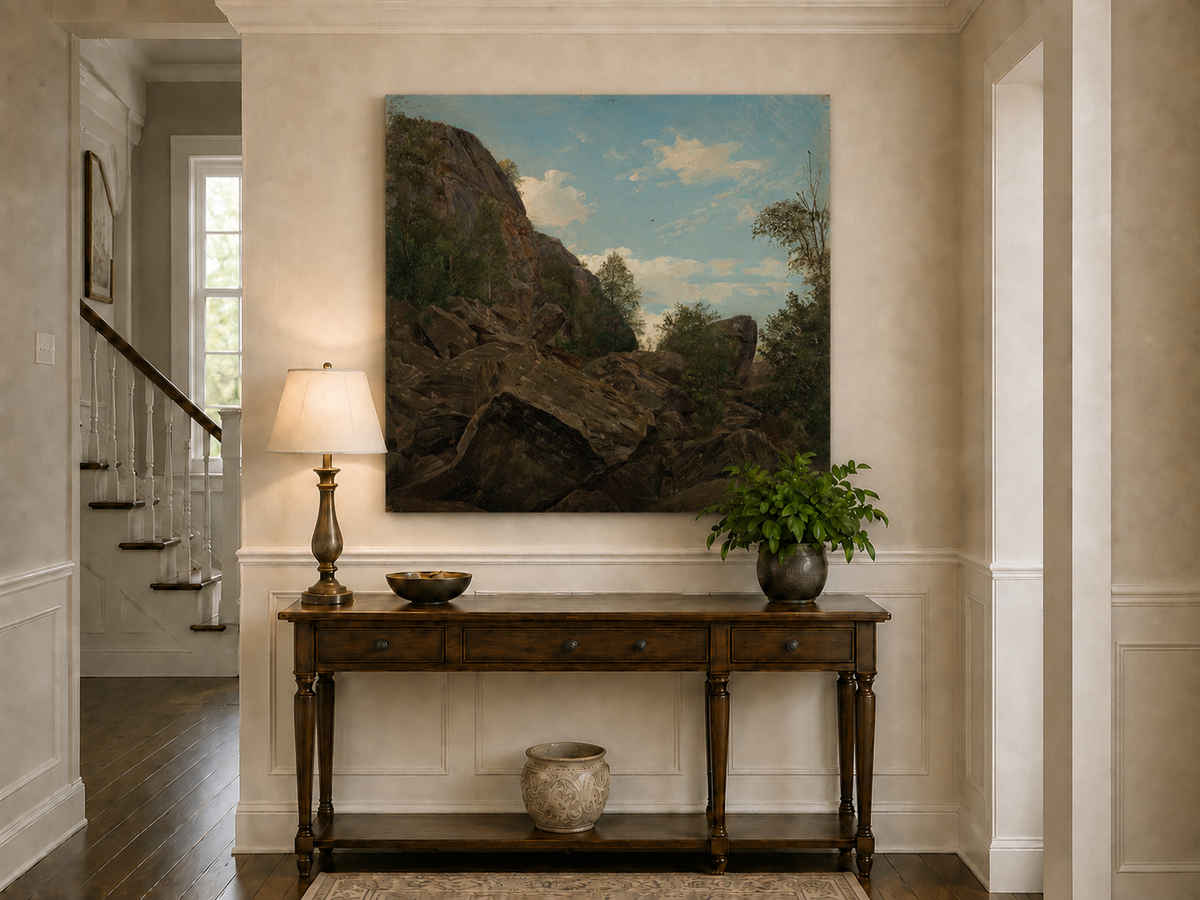 Landscape Oil Painting - Rocky Mountain Cliff and Forest Trees