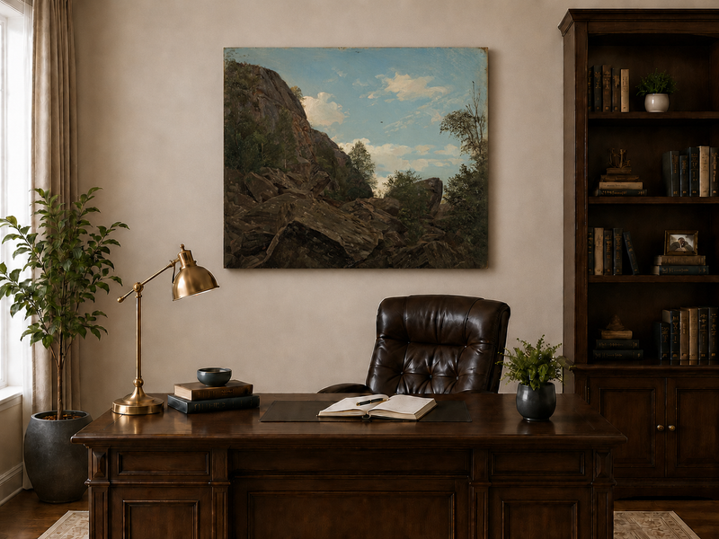 Landscape Oil Painting - Rocky Mountain Cliff and Forest Trees